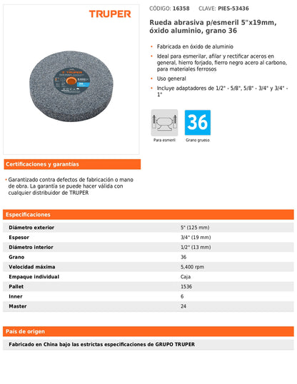 Rueda abrasiva para esmeril de 5" con grano 36