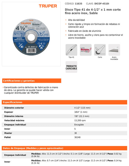 Disco Tipo 41 de 4 1/2 in para corte fino de acero inoxidable