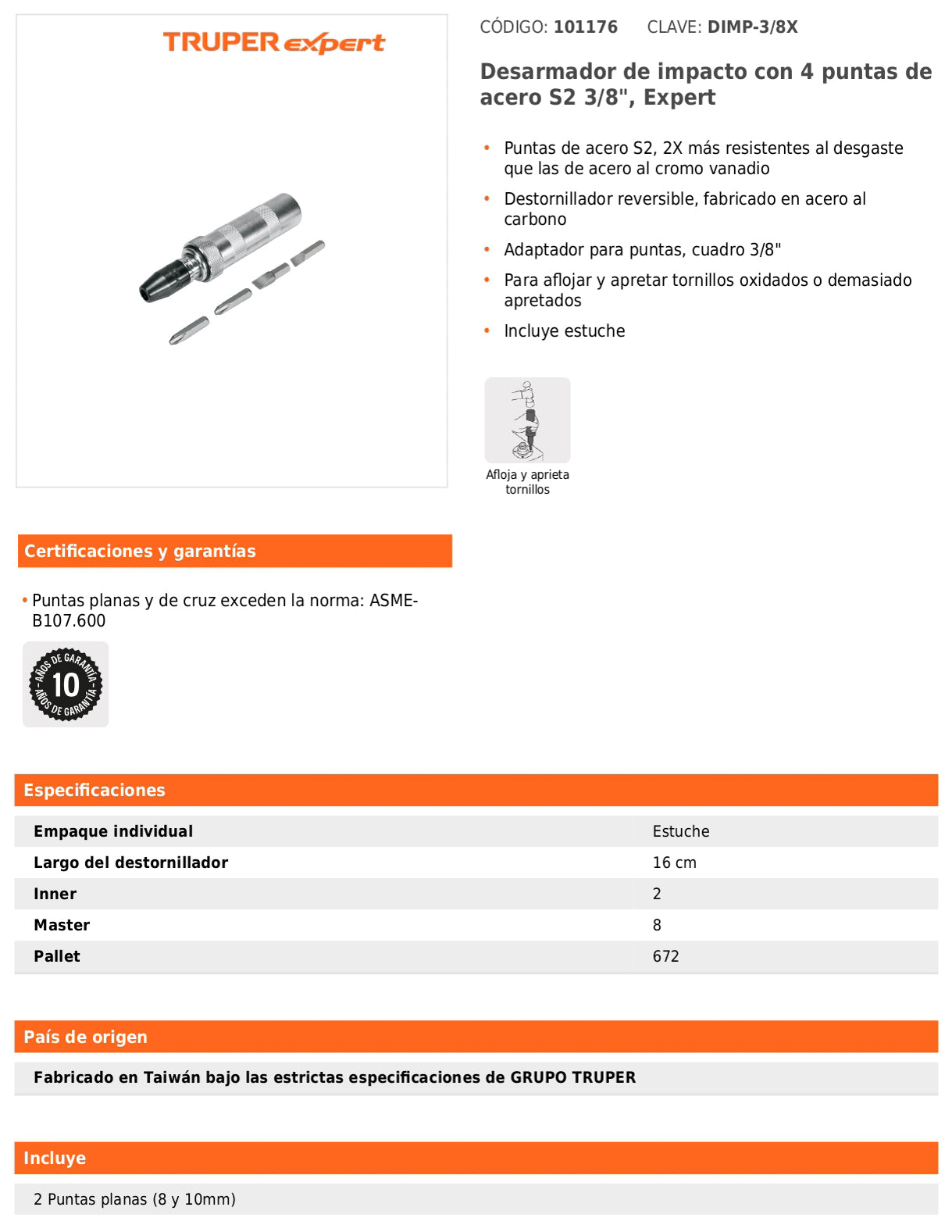Desarmador de impacto con puntas de acero S2 de 3/8 pulgadas