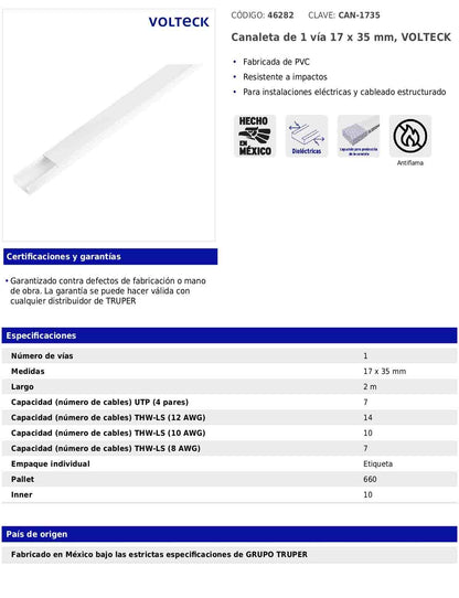 Canaleta de 1 vía de 17 × 35 mm con largo de 2 m