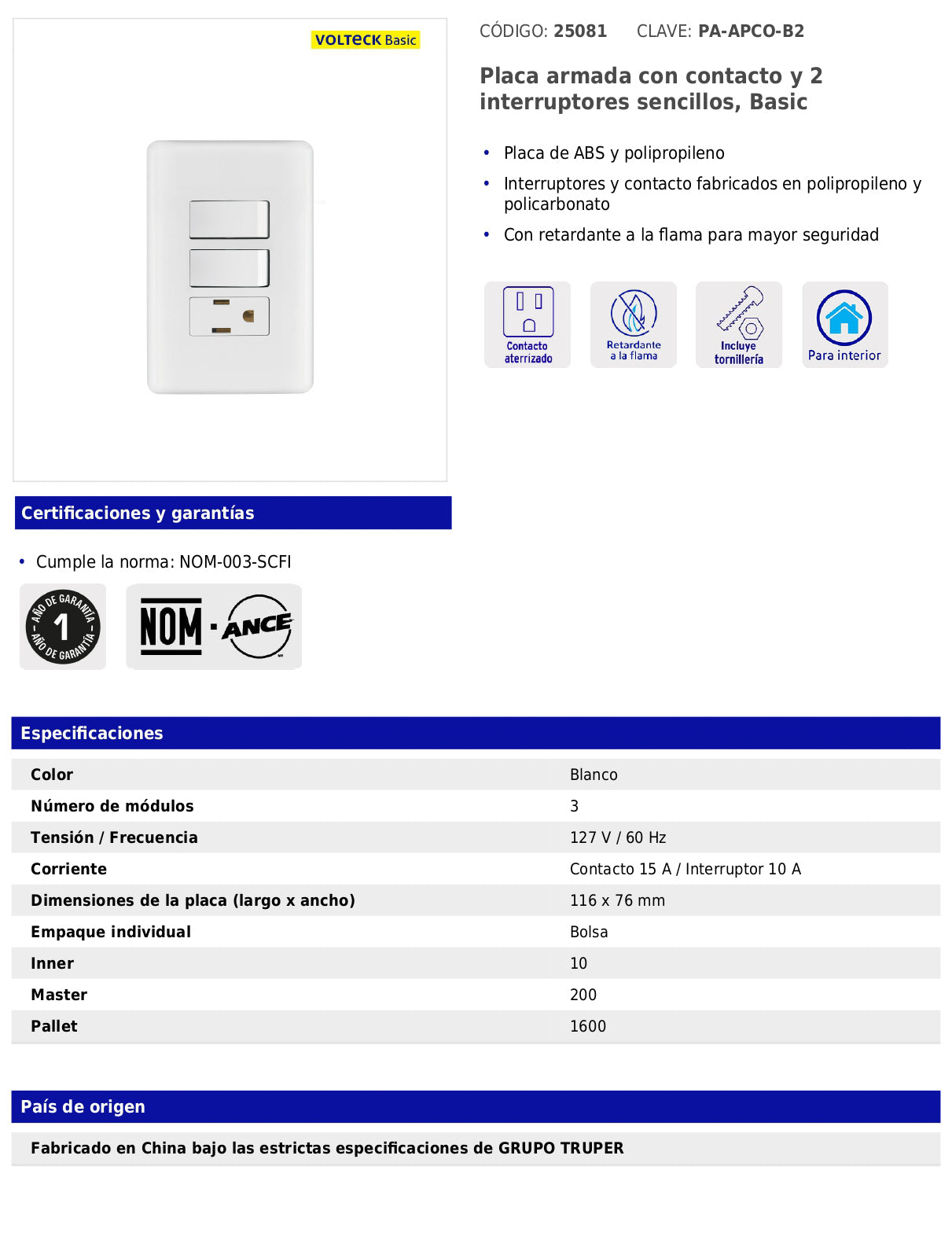 Placa armada con contacto y 2 interruptores sencillos de línea Basic