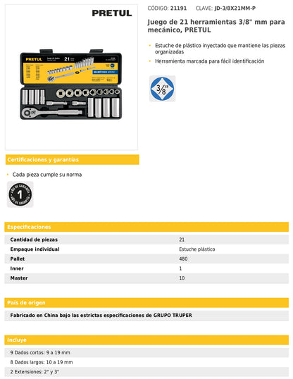 Juego de 21 herramientas mecánicas cuadro 3/8 en milimétrico con estuche plástico