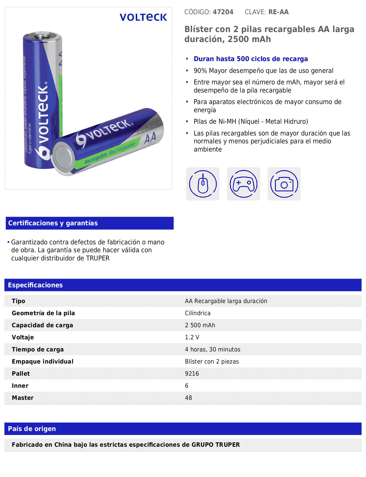 Blíster con 2 pilas recargables AA de larga duración de 2500 mAh
