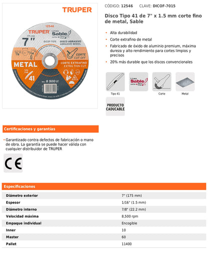 Disco Tipo 41 de 7 in para corte fino de metal