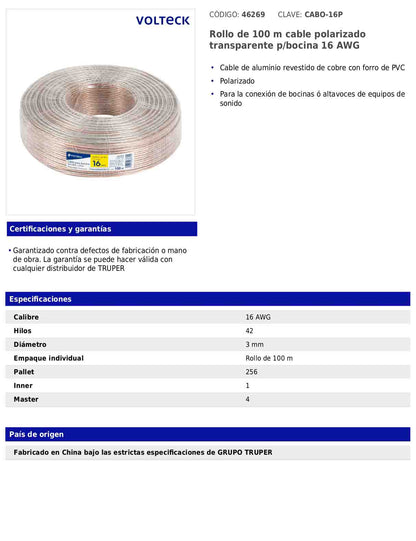 Rollo de 100 m de cable polarizado transparente para bocina 16 AWG