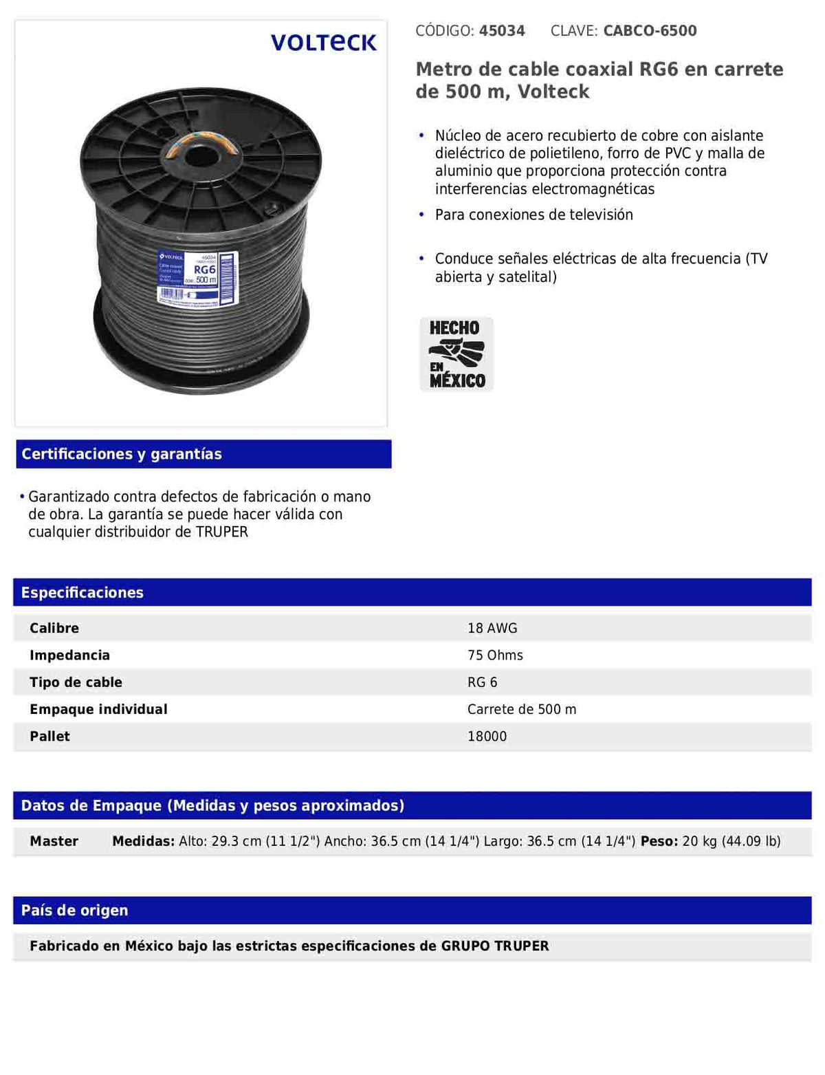 Metro de cable coaxial RG6 en carrete de 500 m