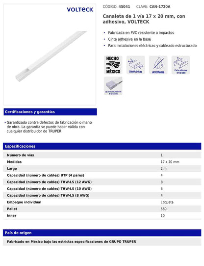 Canaleta de 1 vía de 17 × 20 mm con adhesivo y largo de 2 m
