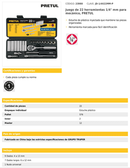 Juego de 22 herramientas mecánicas cuadro 1/4 en milimétrico con estuche plástico