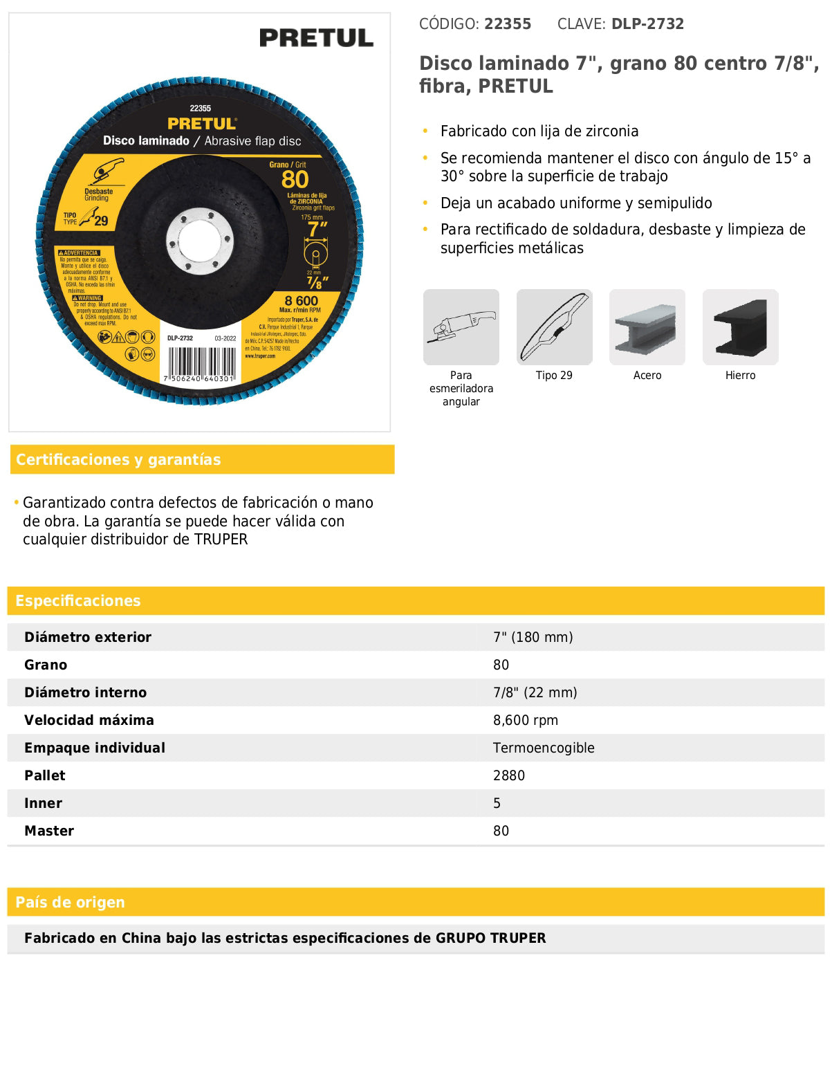 Disco laminado de 7" grano 80 con centro 7/8"