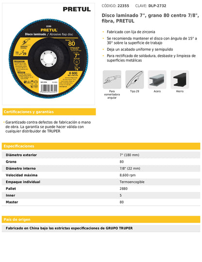 Disco laminado de 7" grano 80 con centro 7/8"