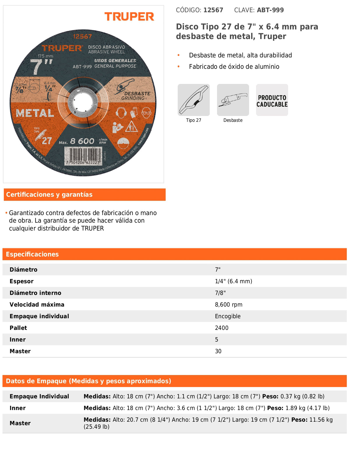 Disco Tipo 27 de 7 in para desbaste de metal