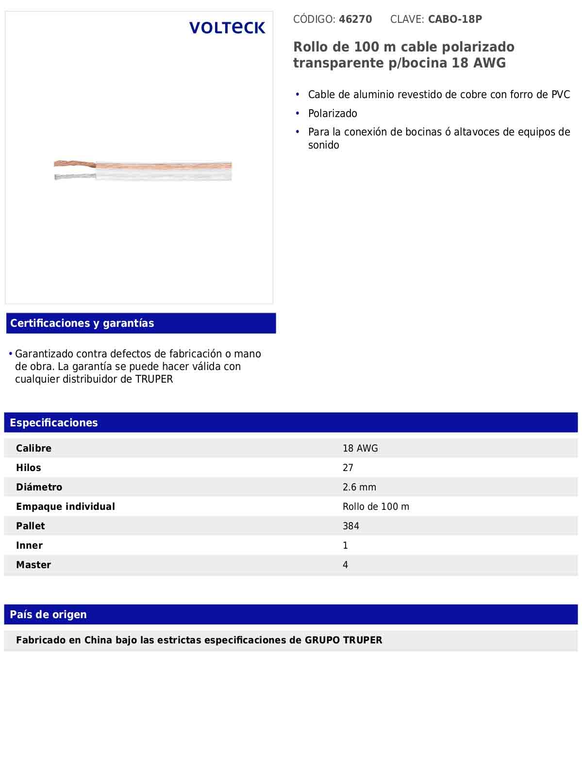 Rollo de 100 m de cable polarizado transparente para bocina 18 AWG