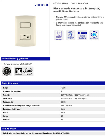 Placa armada con contacto e interruptor de 127 V y 16 A con placa marfil