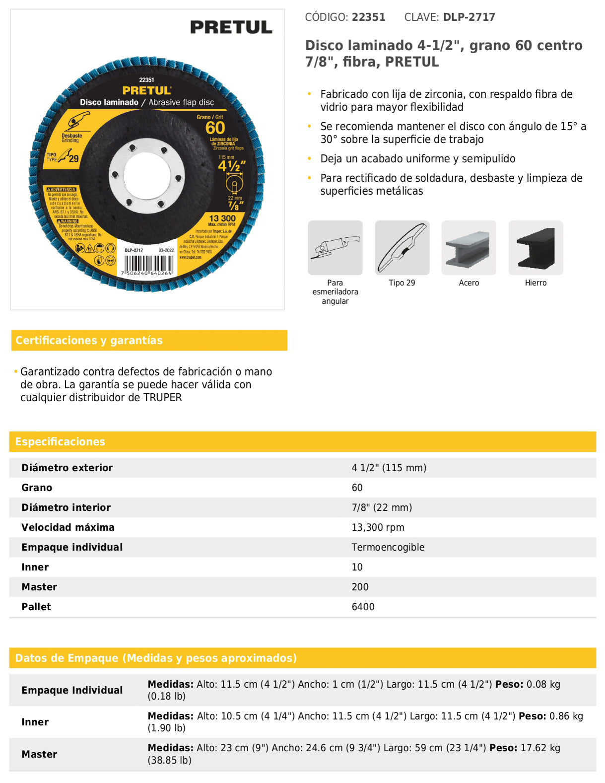 Disco laminado de 4-1/2" grano 60 con centro 7/8"