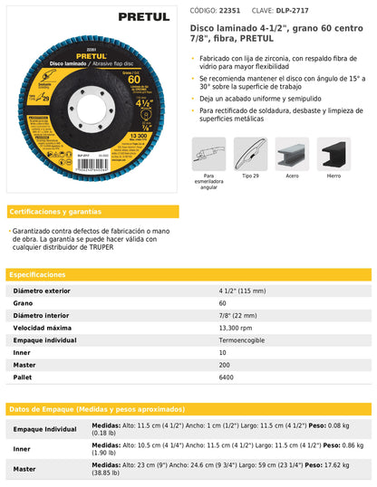 Disco laminado de 4-1/2" grano 60 con centro 7/8"