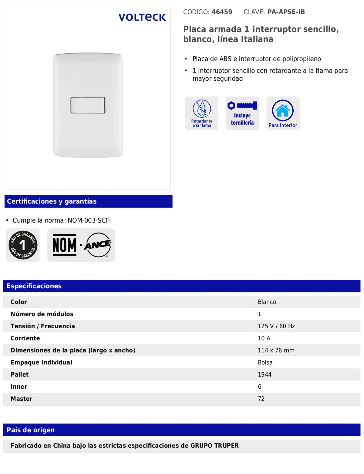 Placa armada con interruptor sencillo para línea Italiana