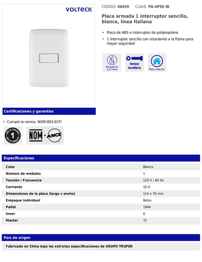 Placa armada con interruptor sencillo para línea Italiana