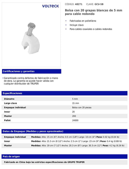 Bolsa con 20 grapas blancas de 5 mm para cable redondo