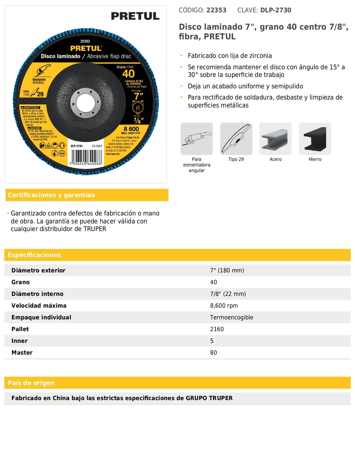 Disco laminado de 7" grano 40 con centro 7/8"