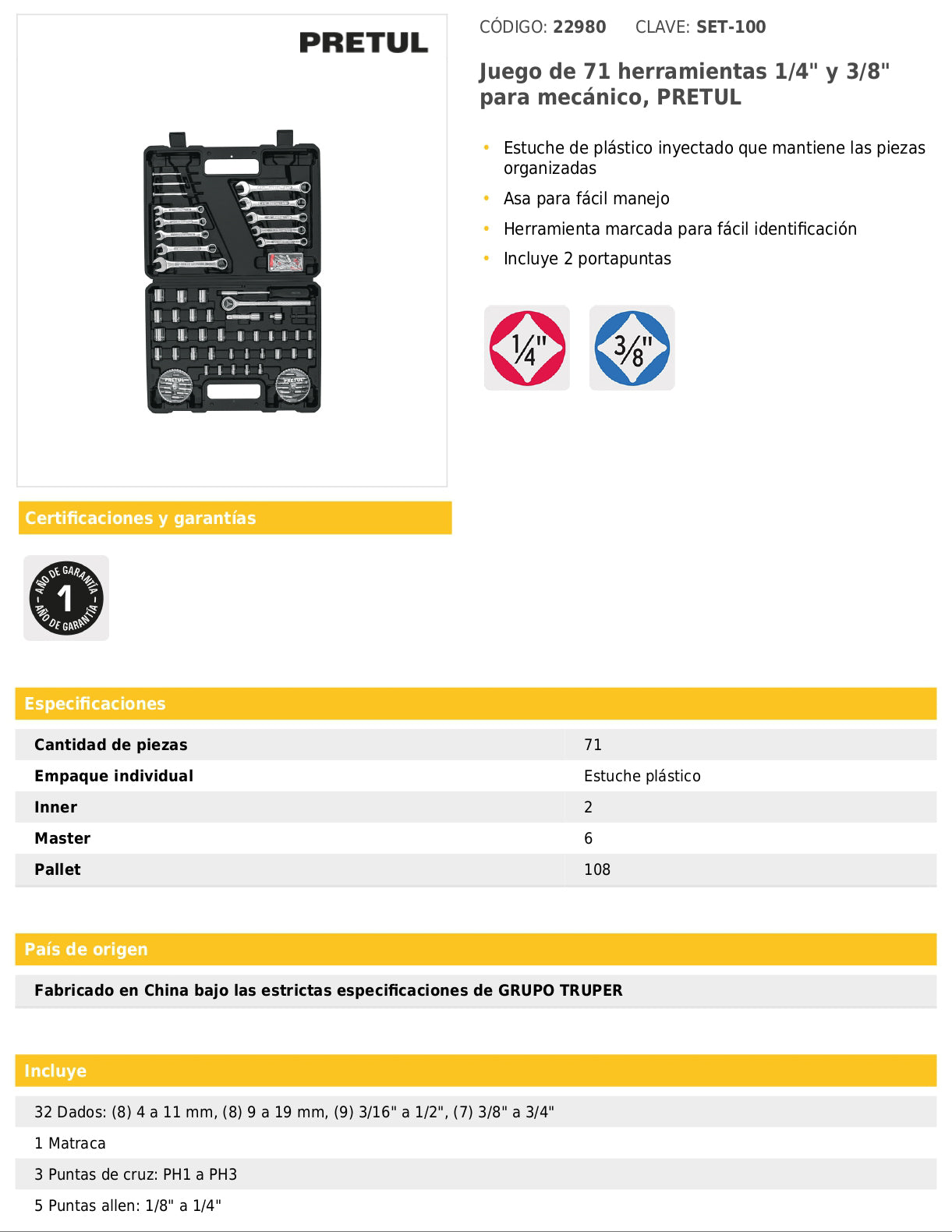 Juego de 71 herramientas mecánicas 1/4 y 3/8 en estuche plástico
