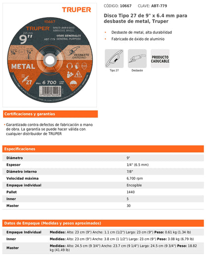 Disco Tipo 27 de 9 in para desbaste de metal