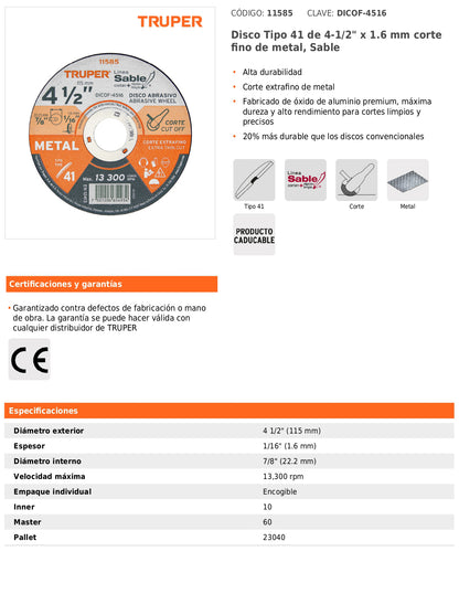 Disco Tipo 41 de 4 1/2 in para corte fino de metal