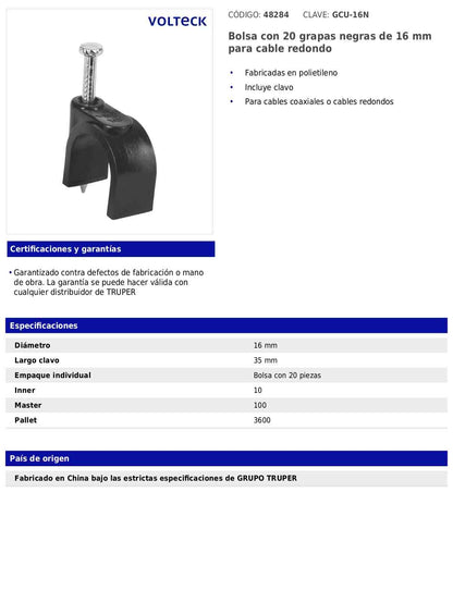 Bolsa con 20 grapas negras de 16 mm para cable redondo