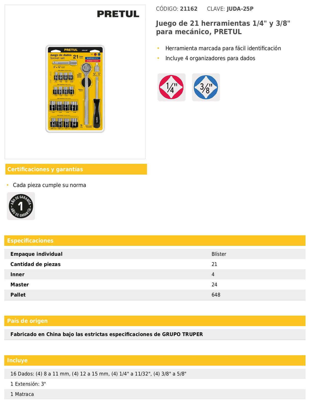 Juego de 21 herramientas mecánicas 1/4 y 3/8 en blíster