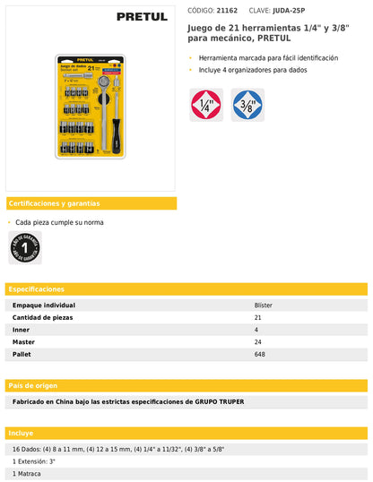 Juego de 21 herramientas mecánicas 1/4 y 3/8 en blíster