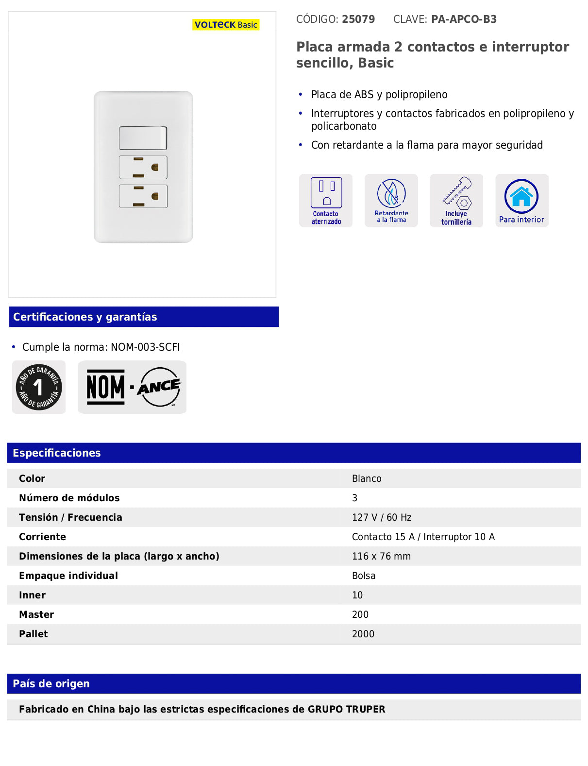 Placa armada con 2 contactos y interruptor sencillo de línea Basic