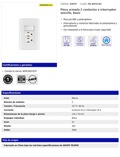 Placa armada con 2 contactos y interruptor sencillo de línea Basic