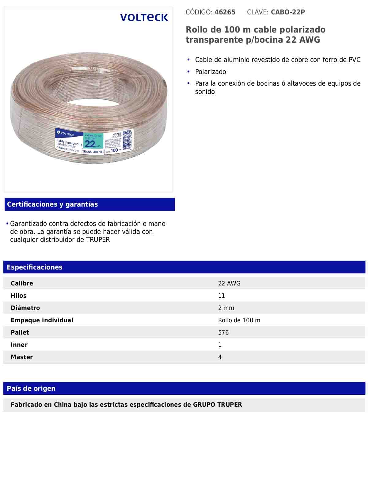Rollo de 100 m de cable polarizado transparente para bocina 22 AWG
