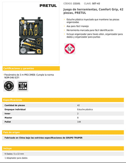 Juego de 42 herramientas manuales Comfort Grip en estuche plástico