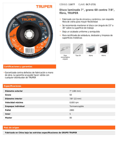Disco laminado de 7" grano 60 con centro 7/8"