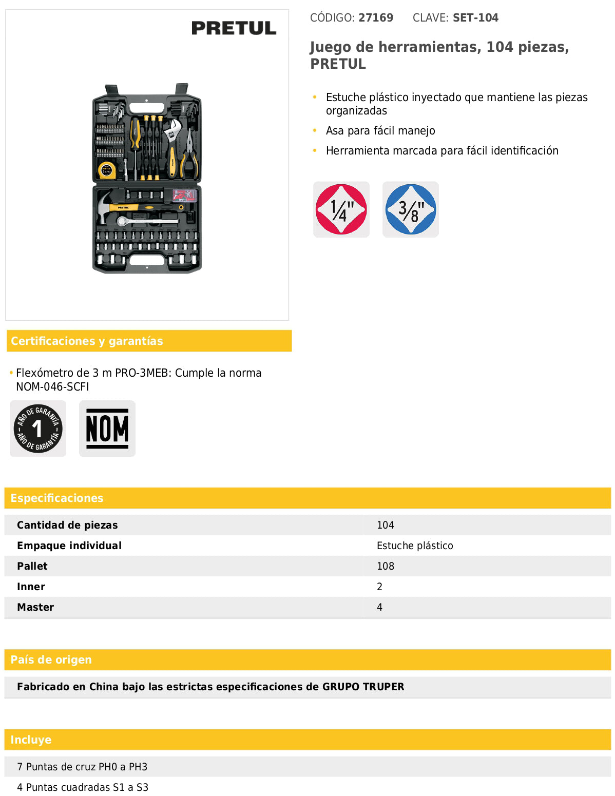 Juego de 104 herramientas manuales en estuche plástico