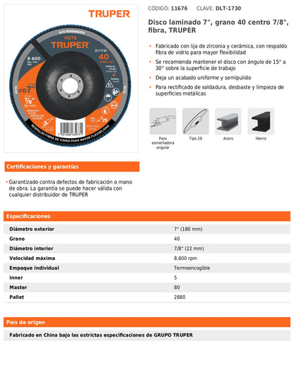 Disco laminado de 7" grano 40 con centro 7/8"