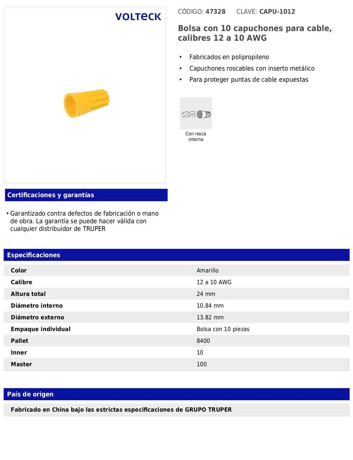Bolsa con 10 capuchones para cable de calibres 12 a 10 AWG