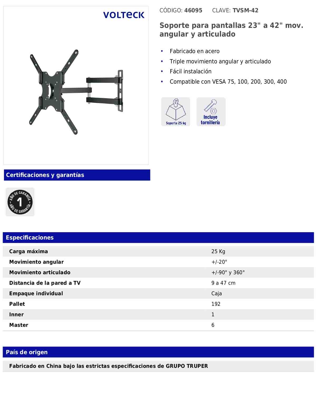 Soporte para pantallas de 23 a 42 pulgadas con movimiento angular y articulado