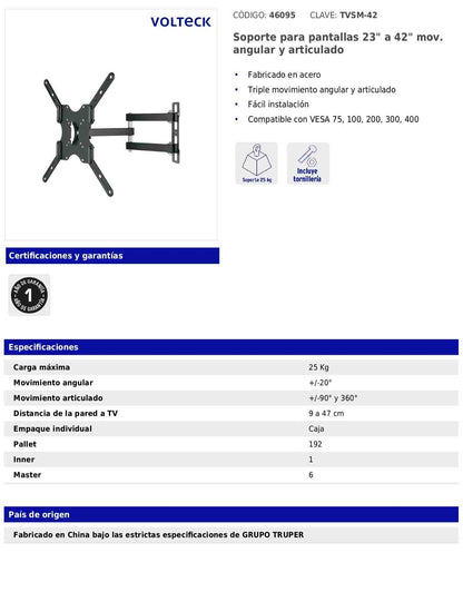 Soporte para pantallas de 23 a 42 pulgadas con movimiento angular y articulado