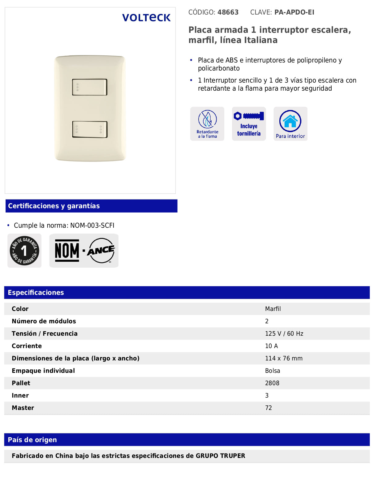 Placa armada con interruptor sencillo y escalera para línea Italiana