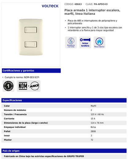 Placa armada con interruptor sencillo y escalera para línea Italiana