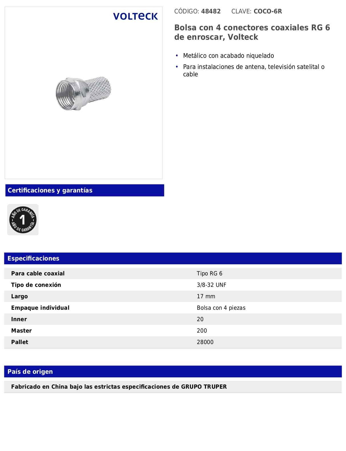 Bolsa con 4 conectores coaxiales RG 6 de enroscar