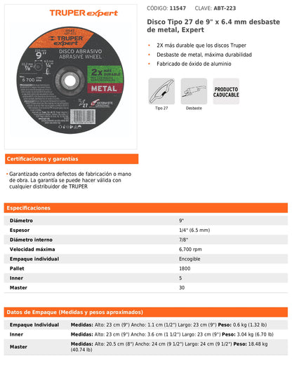 Disco Tipo 27 de 9 in para desbaste de metal