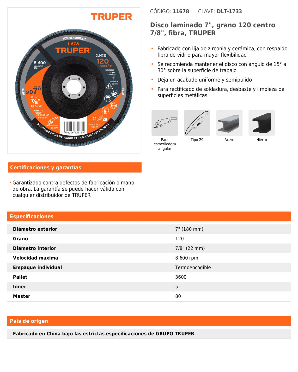 Disco laminado de 7" grano 120 con centro 7/8"