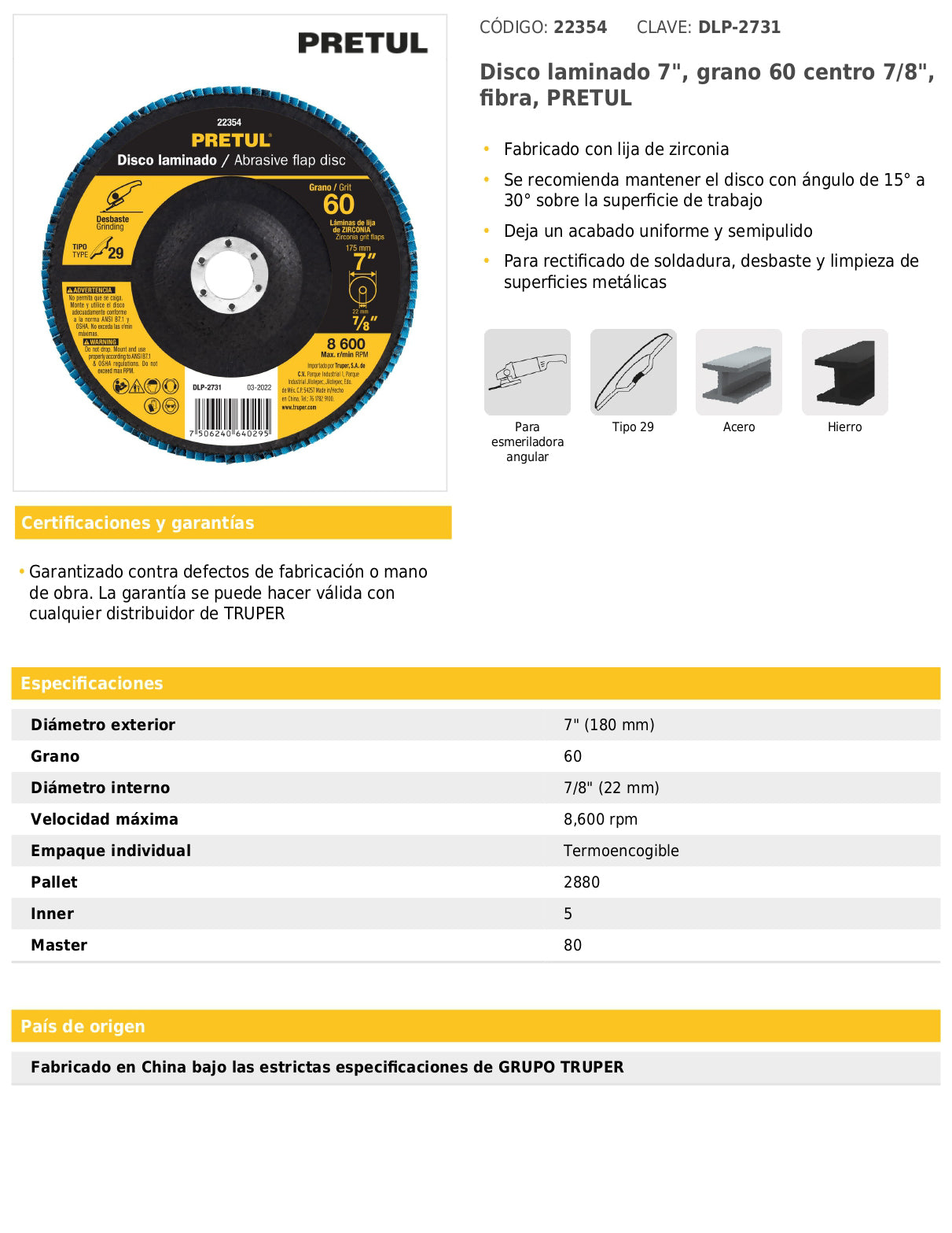 Disco laminado de 7" grano 60 con centro 7/8"