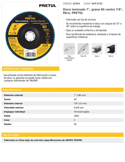 Disco laminado de 7" grano 60 con centro 7/8"