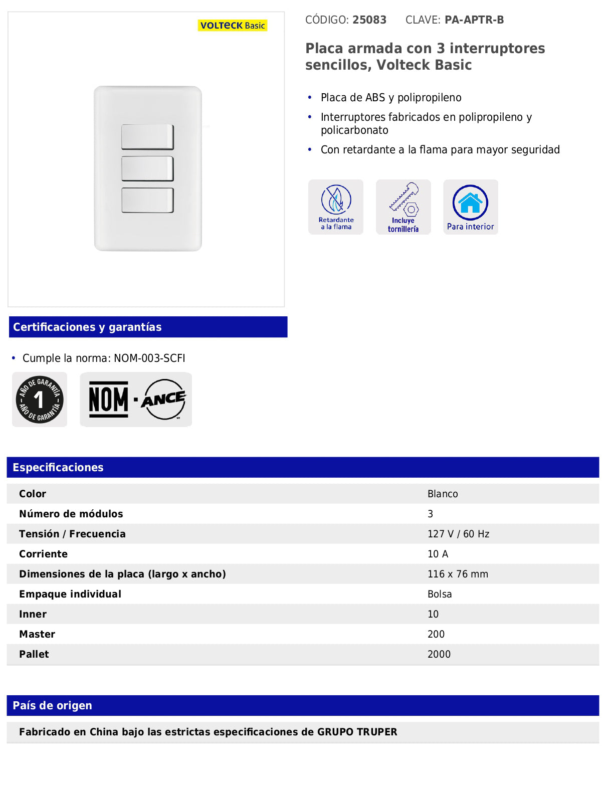 Placa armada con 3 interruptores sencillos de línea Basic
