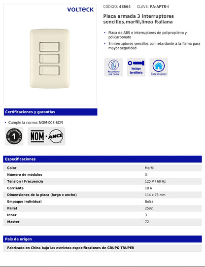 Placa armada con 3 interruptores sencillos de 125 V y 10 A con placa marfil
