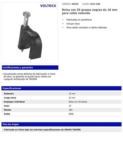 Bolsa con 20 grapas negras de 10 mm para cable redondo