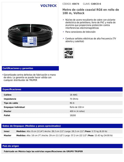 Metro de cable coaxial RG6 en rollo de 100 m